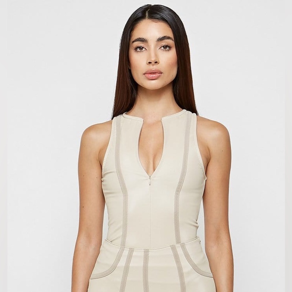 Maniere De Voir Racer Neck High Shine Bodysuit - Beige size US 4